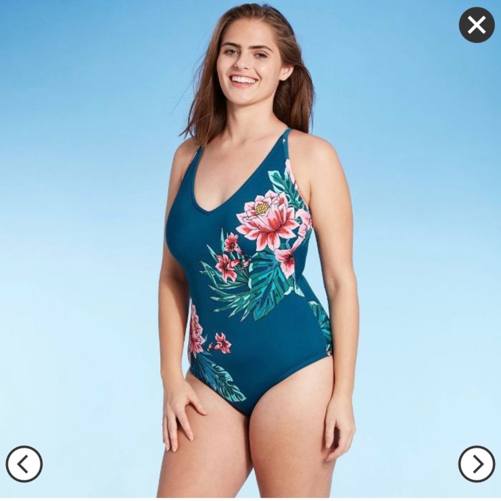 V-Neckline One Piece Blue Tropical Swimsuit